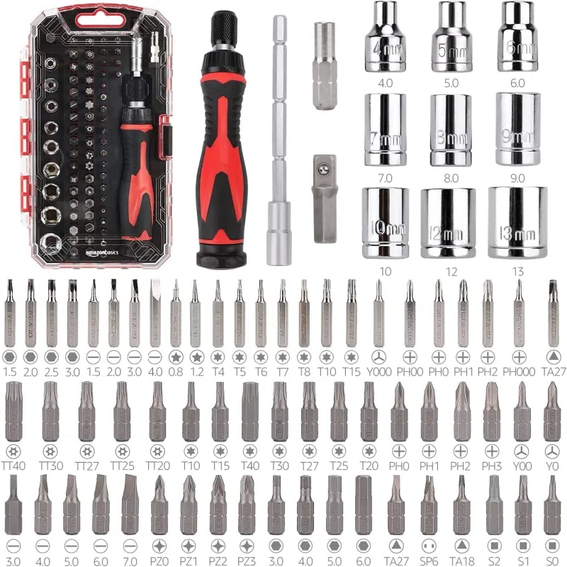 Amazon Basics Magnetic Ratcheting Wrench and Electronics Precision Screwdriver Set 73 count